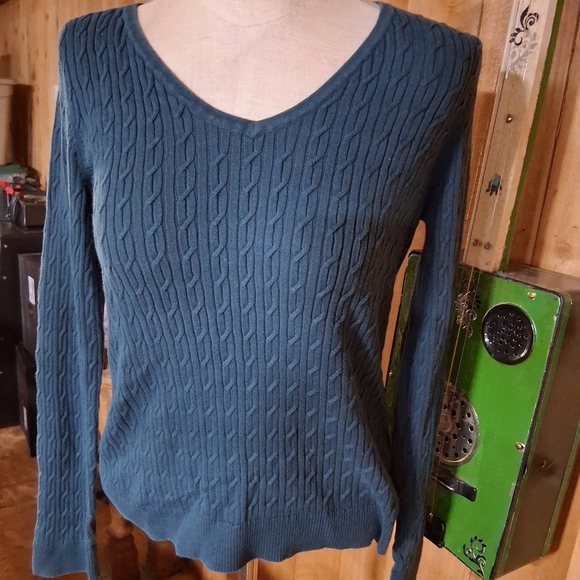 Talbots Pima Cotton Classic Cable V-Neck Sweater L- Teal - Picture 2 of 9